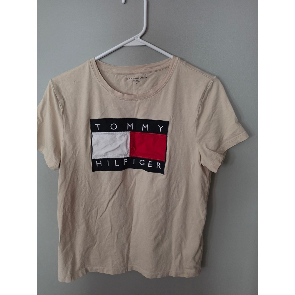Tommy Hilfiger Womens Tan Beige Embroidered Flag Logo Short Sleeve T-Shirt M
